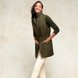 Talbots Quilted Long Olive Green Women's Vest, Petite
